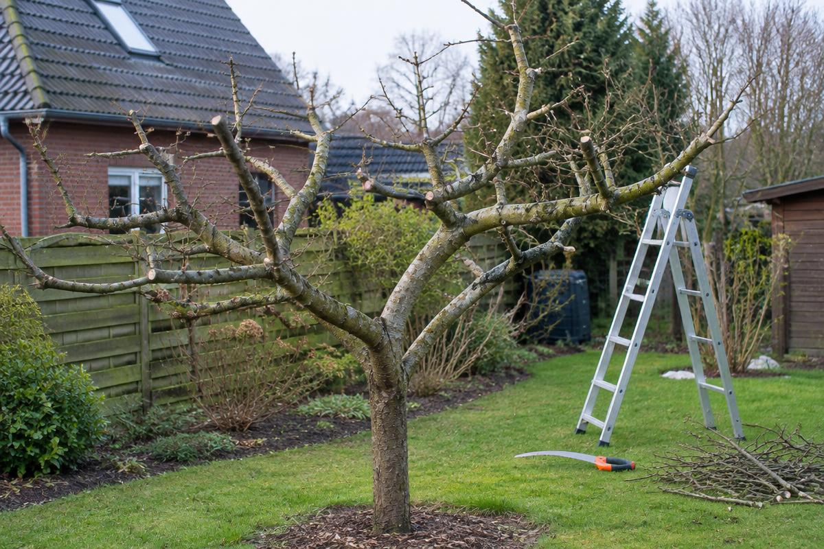 Stimmungsbild: geschnittener Obstbaum im Hausgarten mit Leiter
