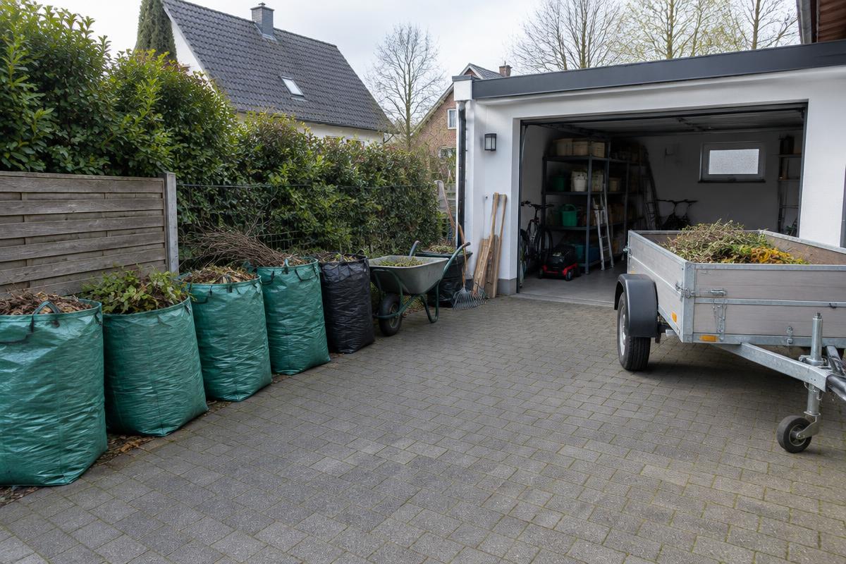 Stimmungsbild: aufgeräumter Garagenhof mit Gartenabfall und Anhänger