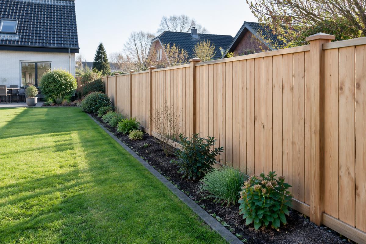 Stimmungsbild: neuer Holzzaun an einem Hausgarten